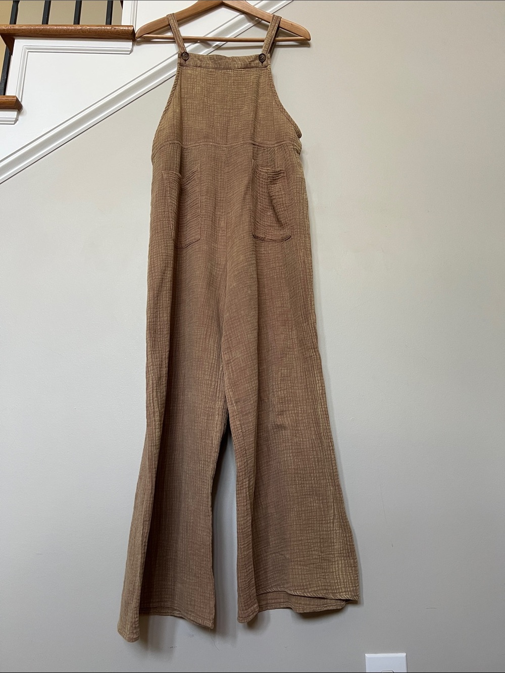 Heyson Kangaroo 100% Cotton Gauze Cottagecore  Boho wideleg jumpsuit Brown S